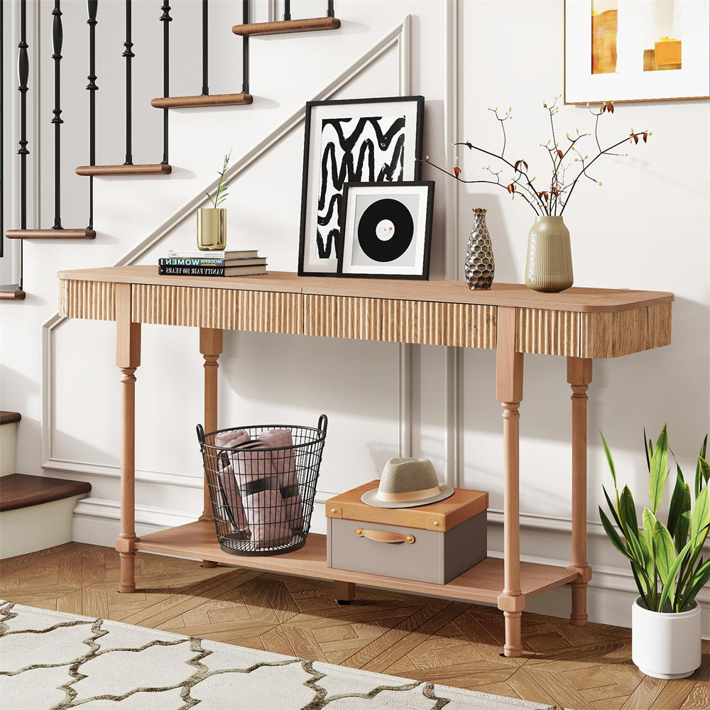 Wooden 63" console table with decor items in a home setting