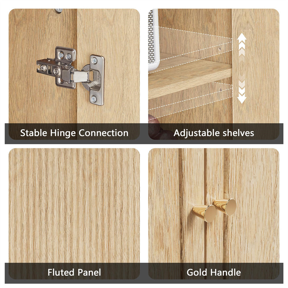 Collage of a wooden cabinet with stable hinge connection, adjustable shelves, fluted panel, and gold handle.