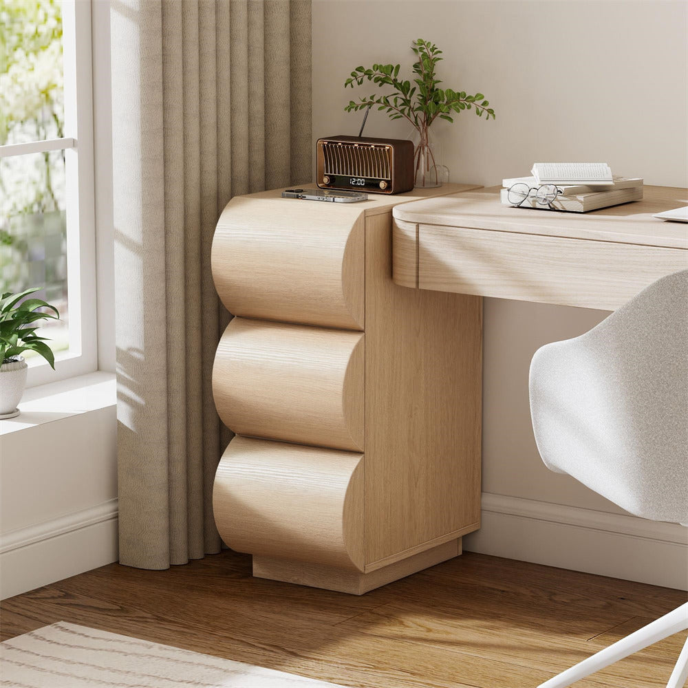 Wooden desk with curved design in a home office setting