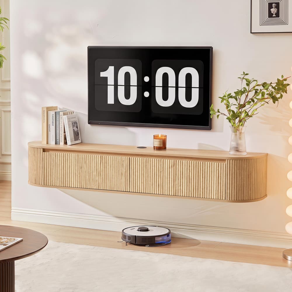 Natural 70.8" Modern 2 in 1 Wall Mounted or Freestanding TV Stand with Power Outlet for TVs up to 80"