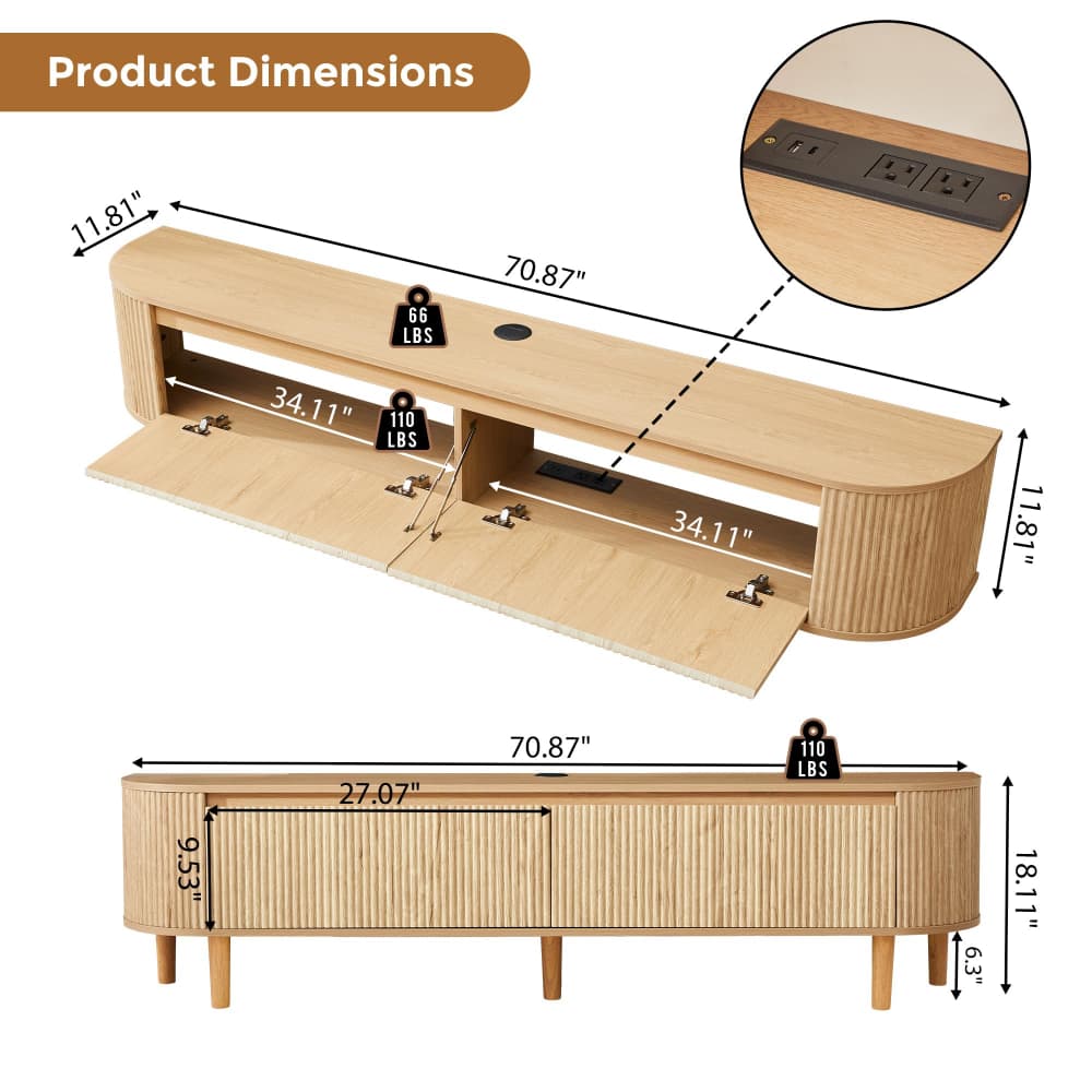 Product dimensions diagram of a light wood TV stand with measurements, showing the front view with open and closed cabinet doors, a top inset of a power outlet detail, and dimension labels on a white background.