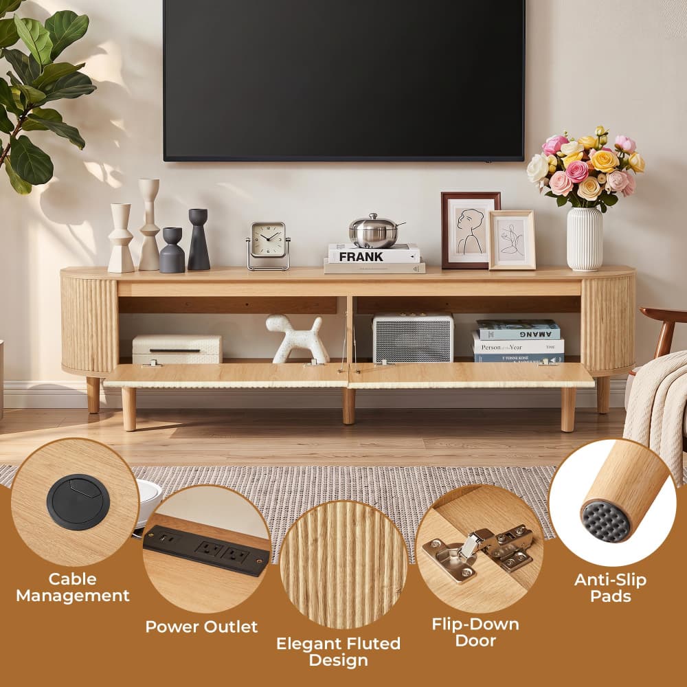 Natural 70.8" Modern 2 in 1 Wall Mounted or Freestanding TV Stand with Power Outlet for TVs up to 80"