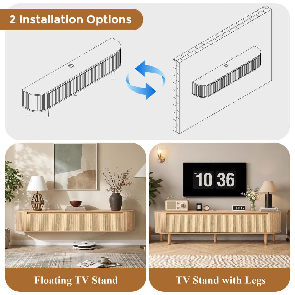 Installation options graphic showing a floating TV stand and a TV stand with legs, including a top-down line drawing and two real room lifestyle photos at the bottom labeled 'Floating TV Stand' and 'TV Stand with Legs'.