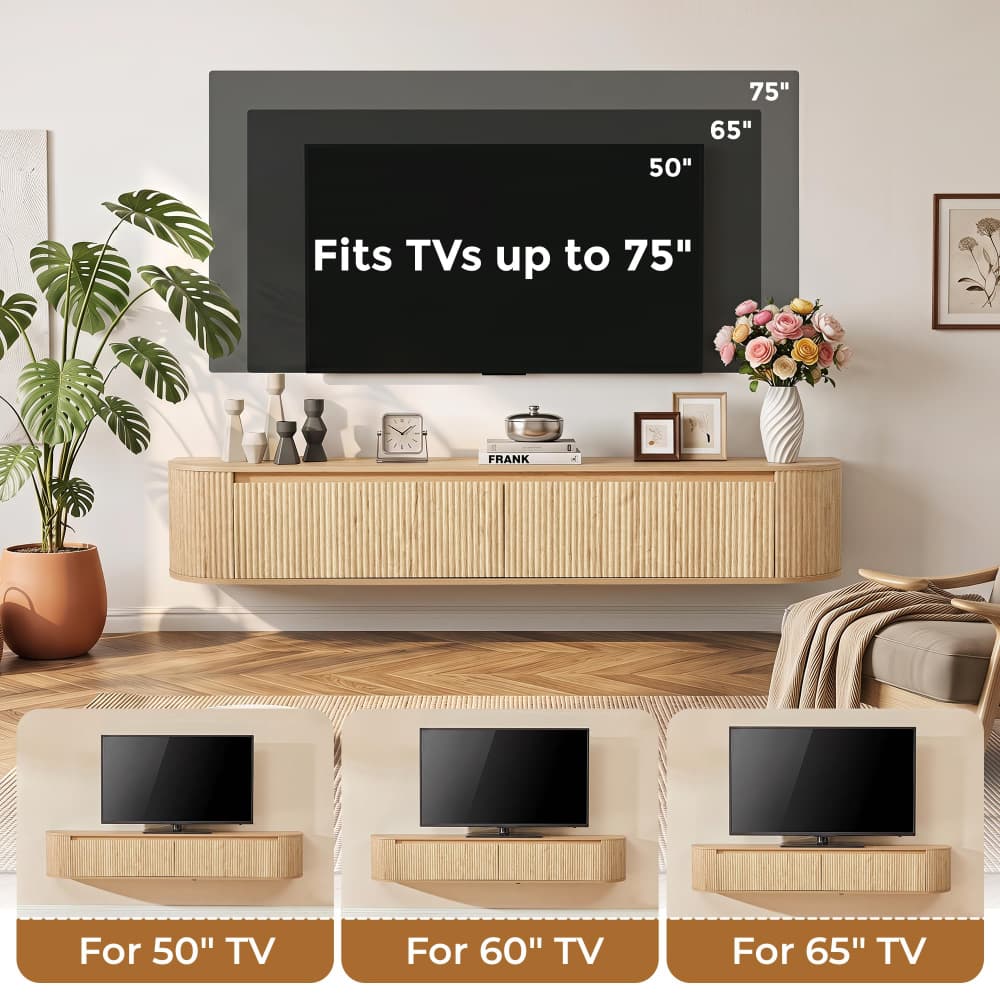 A wall-mounted floating TV stand and console shown in a styled living room, with a large TV mounted above it and text reading 'Fits TVs up to 75"'. Three smaller inset images at the bottom show the stand's fit for 50", 60", and 65" TVs.