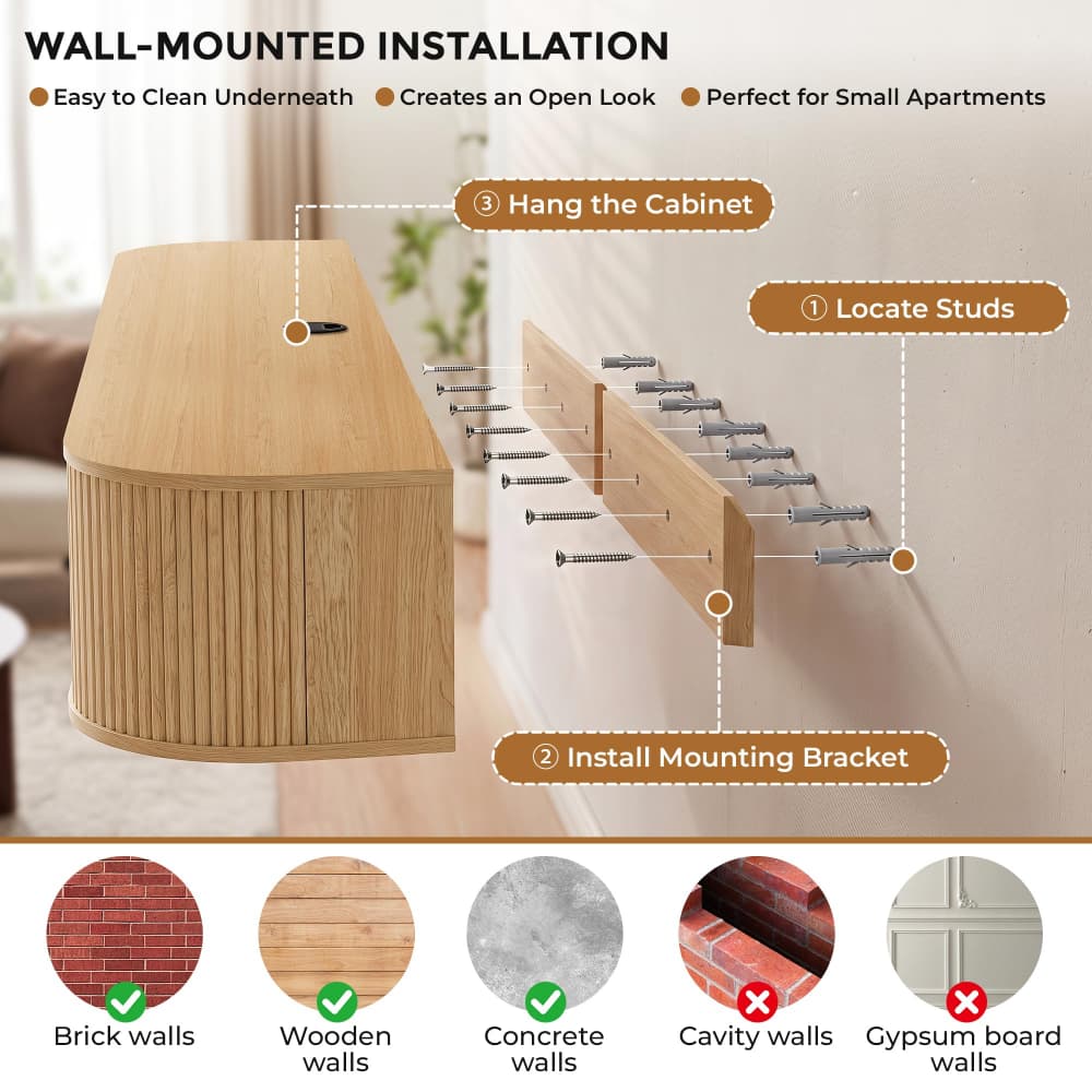 Instructional graphic for wall-mounted cabinet installation, showing a light wood cabinet, mounting bracket hardware on a wall, labeled steps for hanging the cabinet and mounting bracket, plus wall types that are suitable or not.