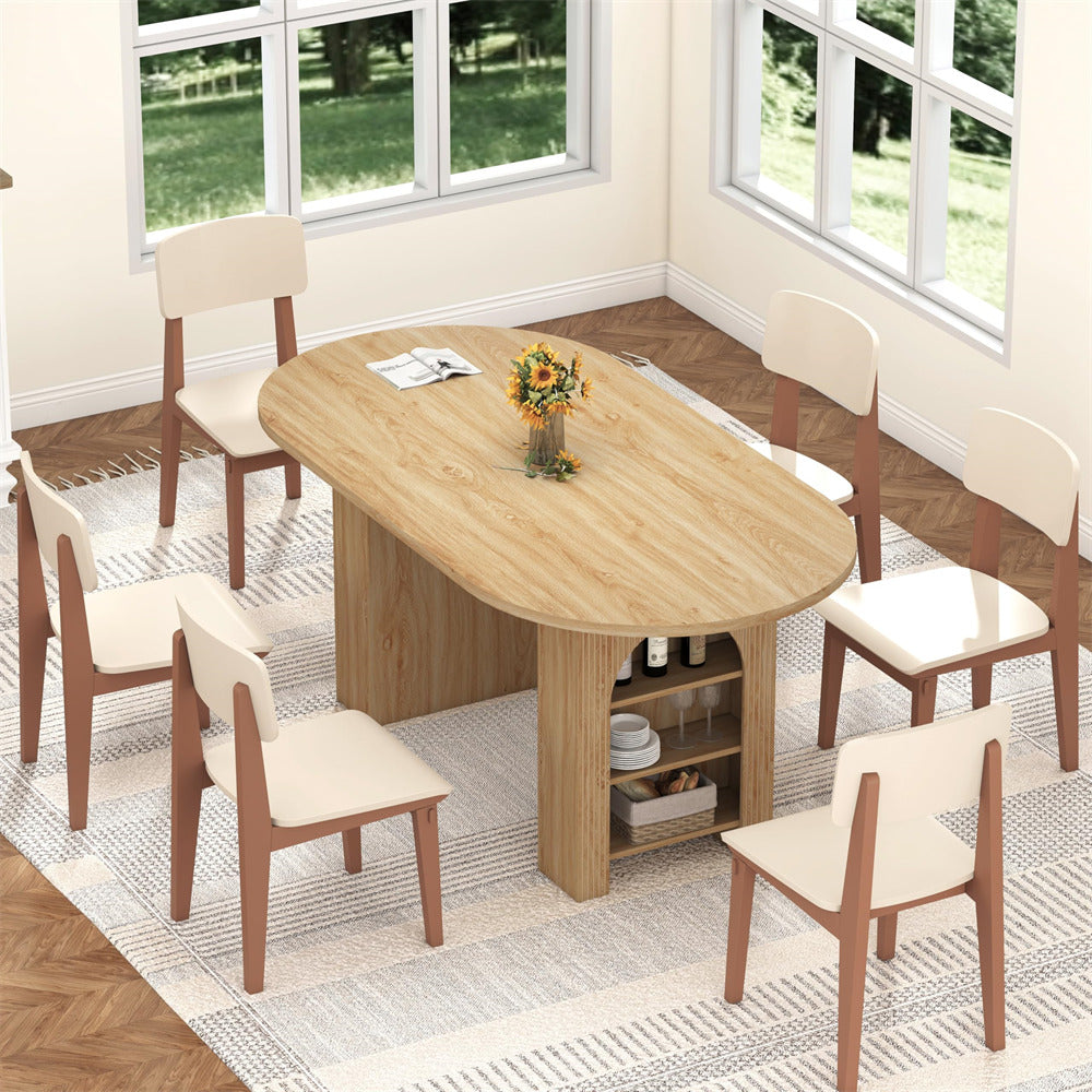 Natural 70.8" Wooden Oval Rustic Farmhouse Dining Table with Dual Side Storage Shelves for 4–6
