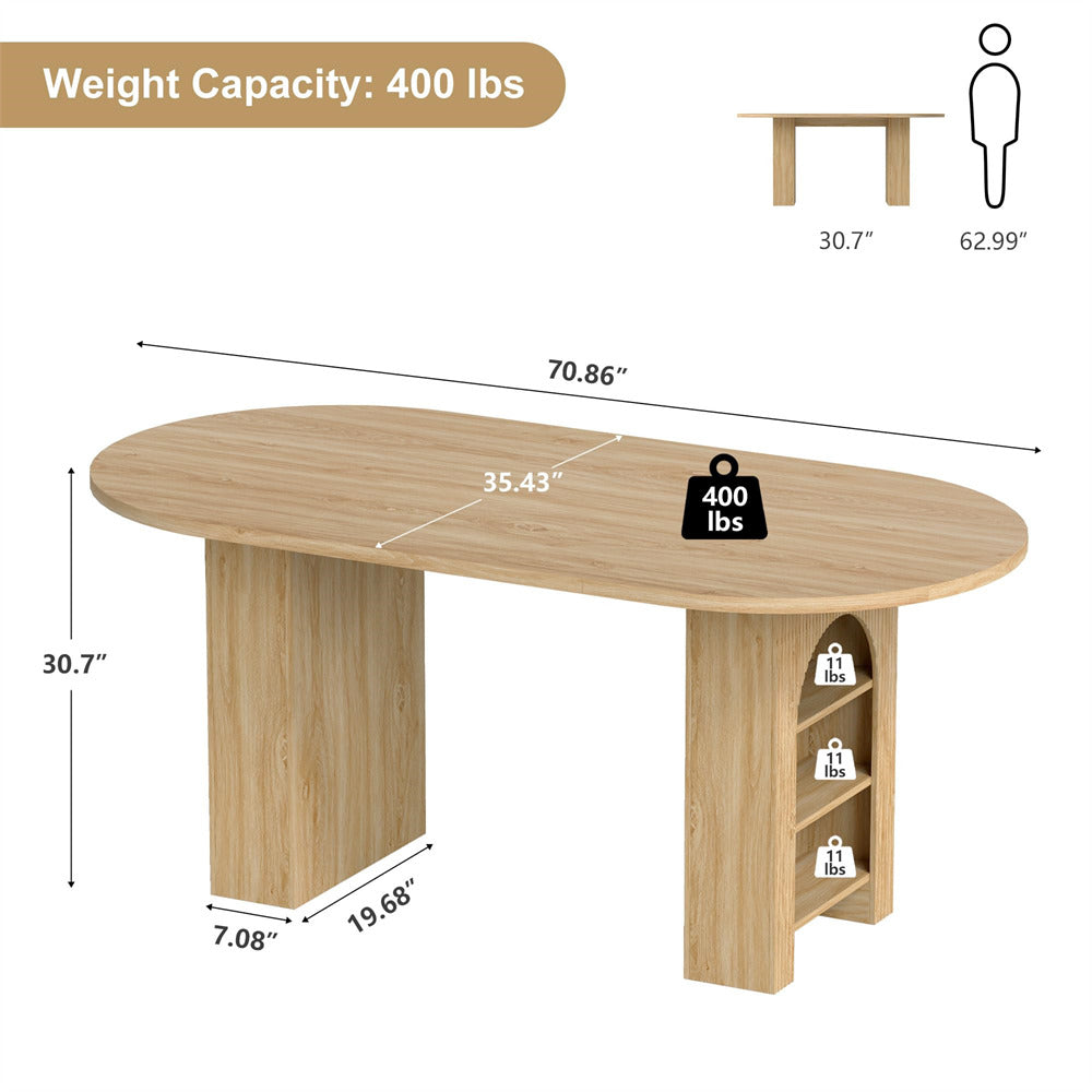 Wooden table with dimensions and weight capacity label on a white background