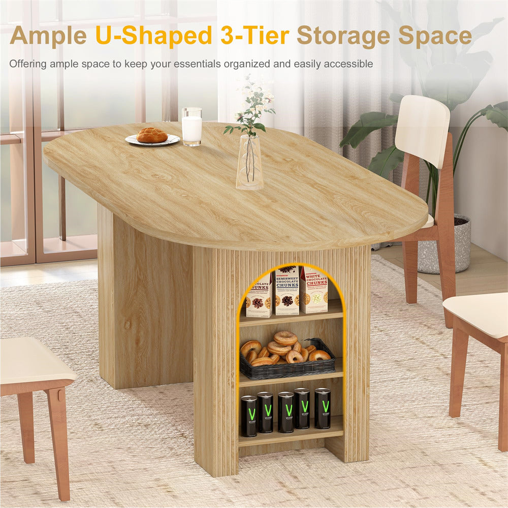 Wooden table with a U-shaped 3-tier storage space in a room setting.