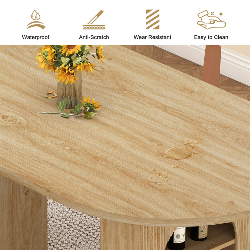 Wooden table with a vase of sunflowers and wine bottles, featuring icons and text about table properties.