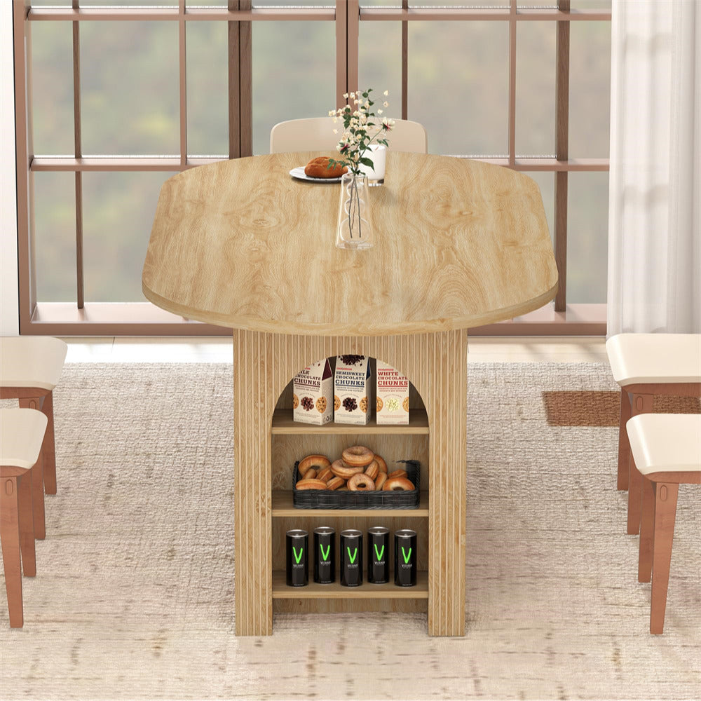 Dining table with shelves displaying bagels and drinks in a modern setting.