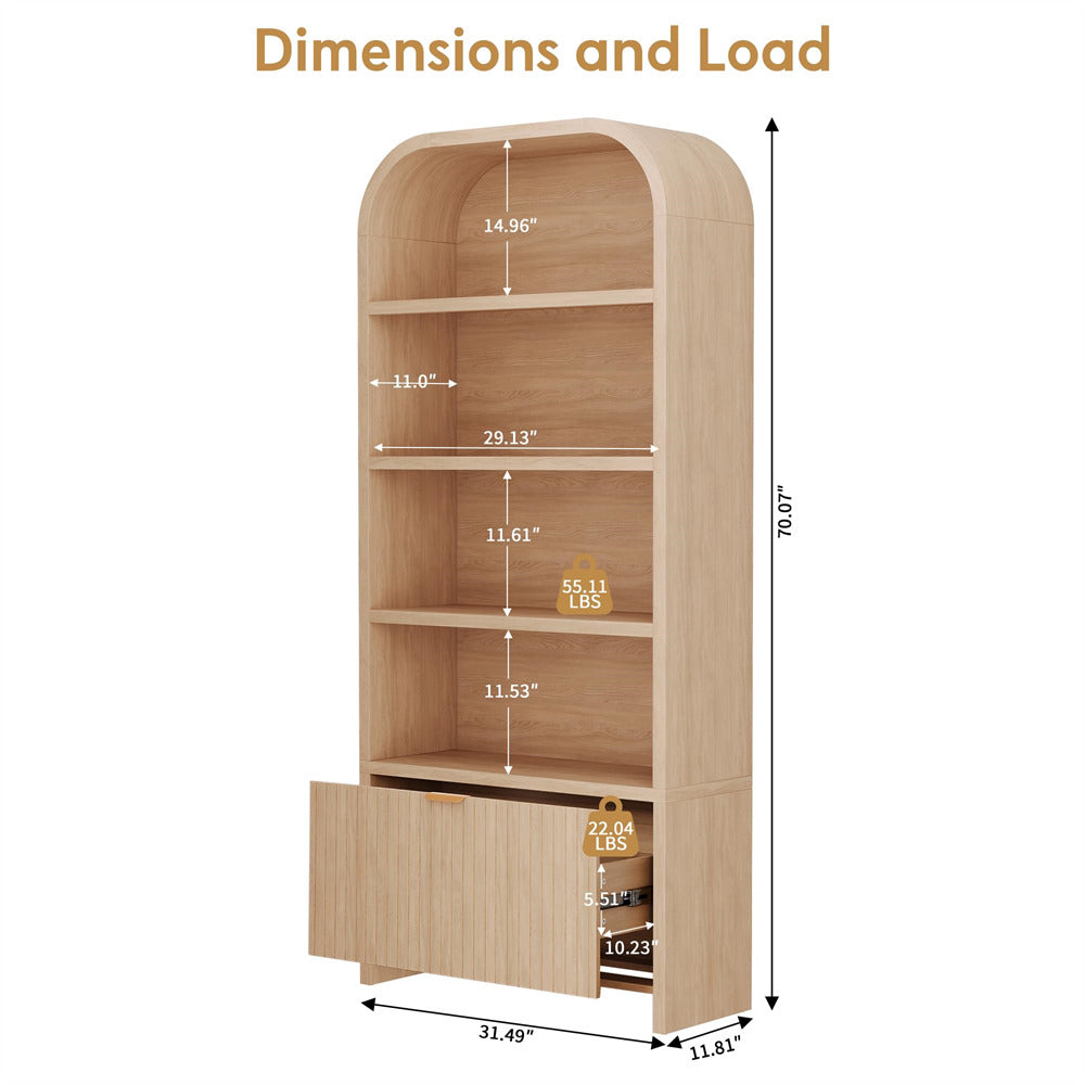 Wooden bookshelf with dimensions and weight labels on a white background