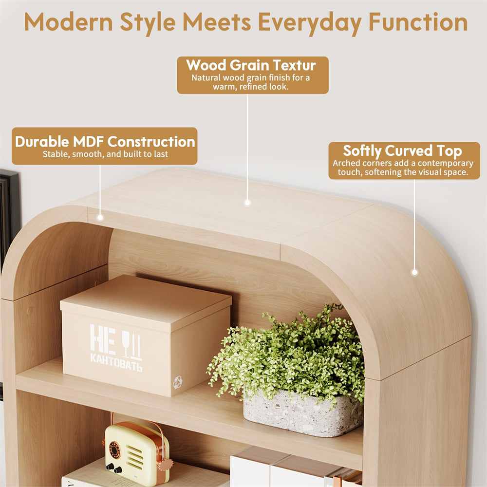 Wooden shelf with a soft curved top, natural wood grain texture, and MDF construction.