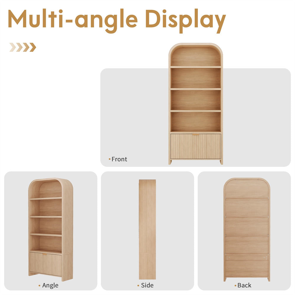 Wooden bookshelf displayed from multiple angles on a white background