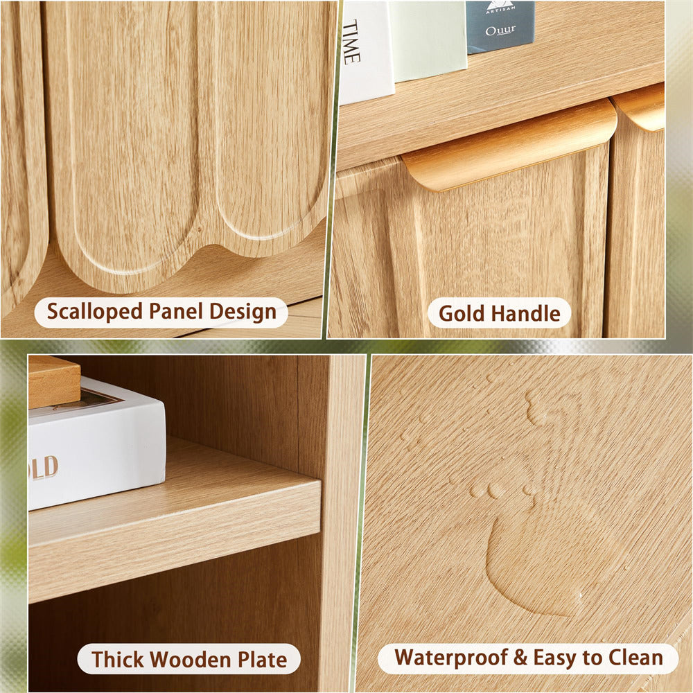 Wooden cabinet with scolled panel design, gold handle, thick wooden plate, and waterproof finish.