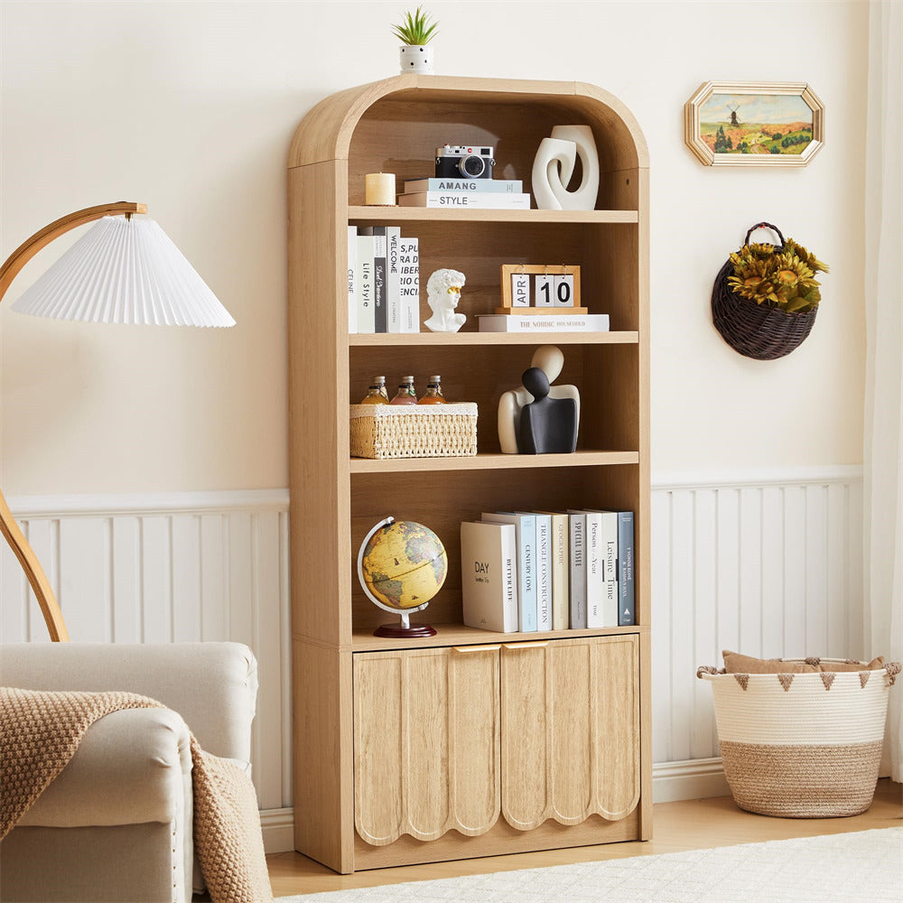 Wooden bookshelf in a room with decorative items and a lamp.