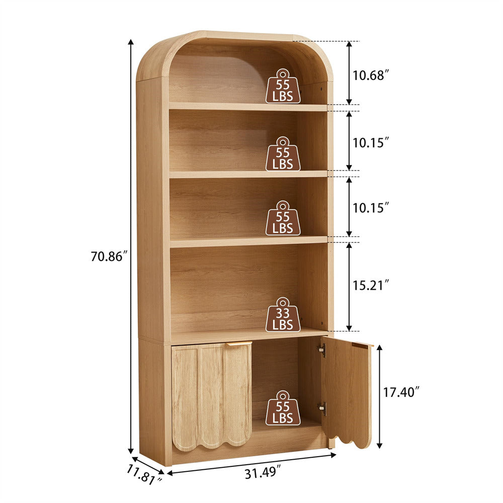 Wooden bookshelf with dimensions labeled on a white background