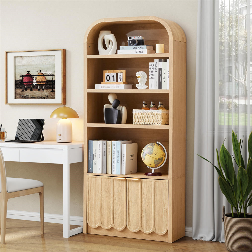 Wooden bookshelf with decorative items in a home office setting