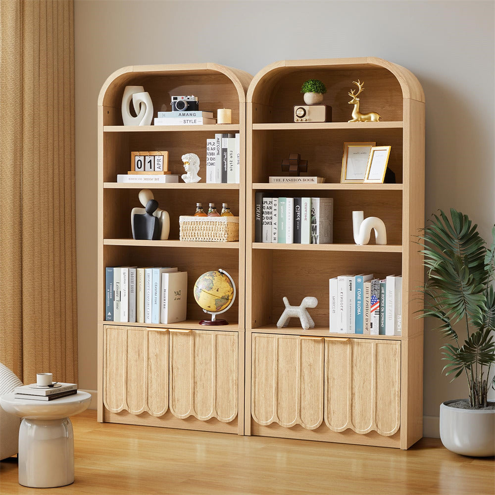 Wooden bookshelf with decorative items in a room setting