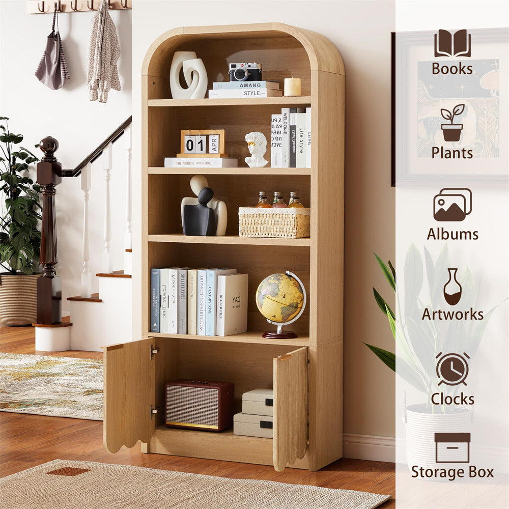 Wooden bookshelf with various decorative items in a room setting