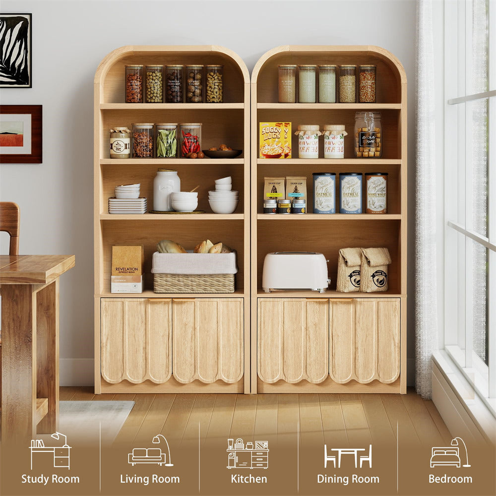 Wooden storage shelves with various items in a room setting