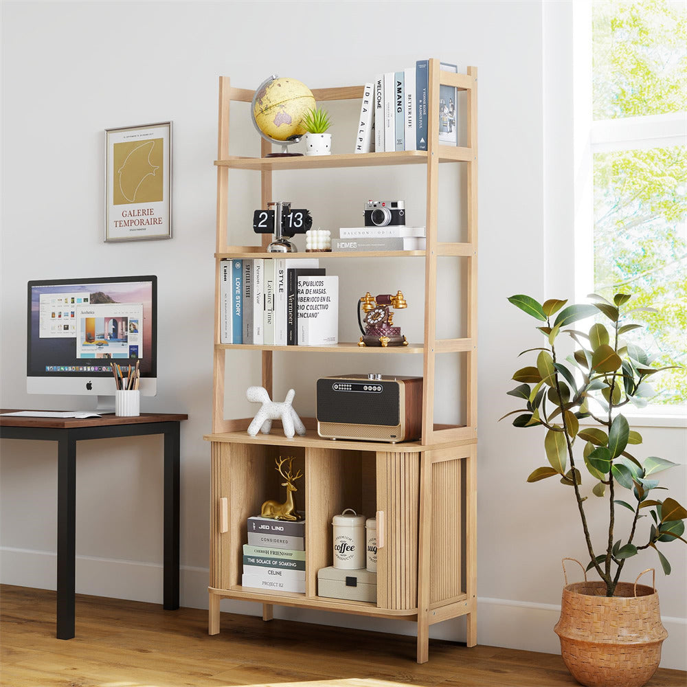 Wooden bookshelf with decorative items in a room with a desk and plant.