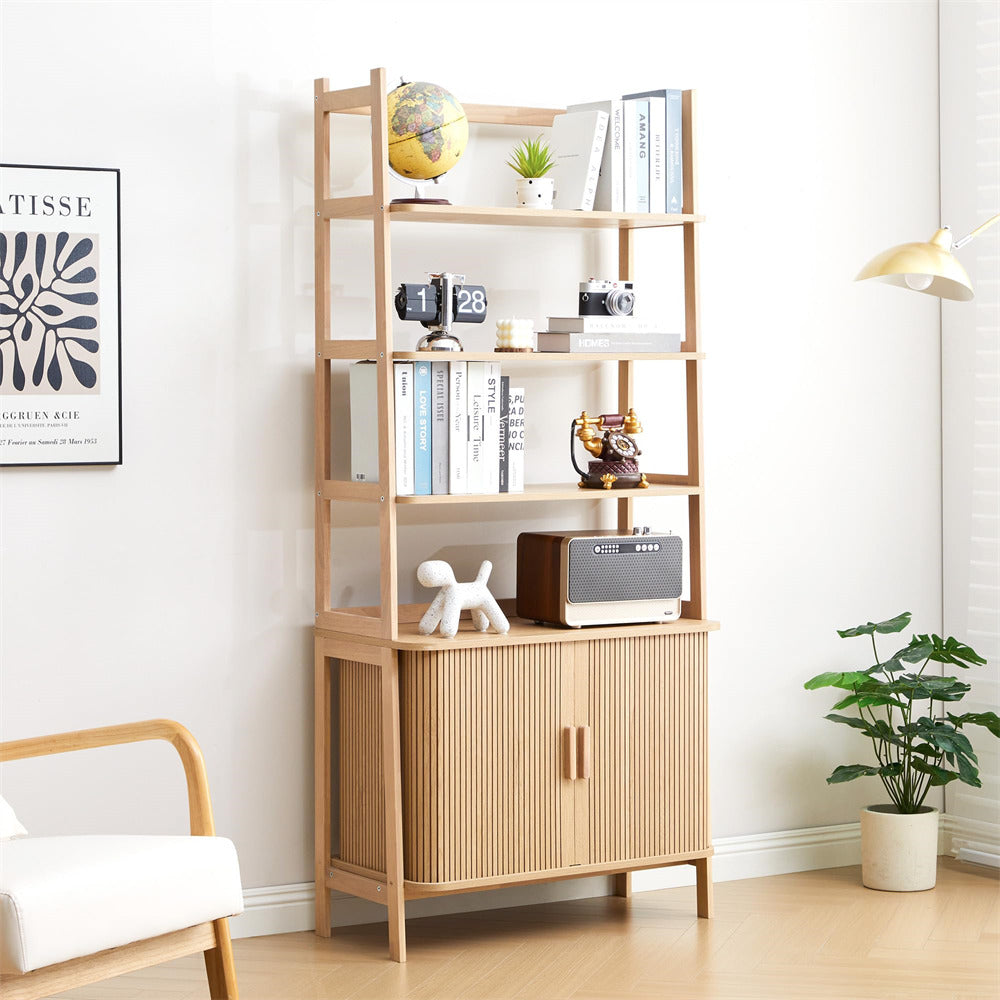 Wooden bookshelf with decorative items in a room with a chair and plant.