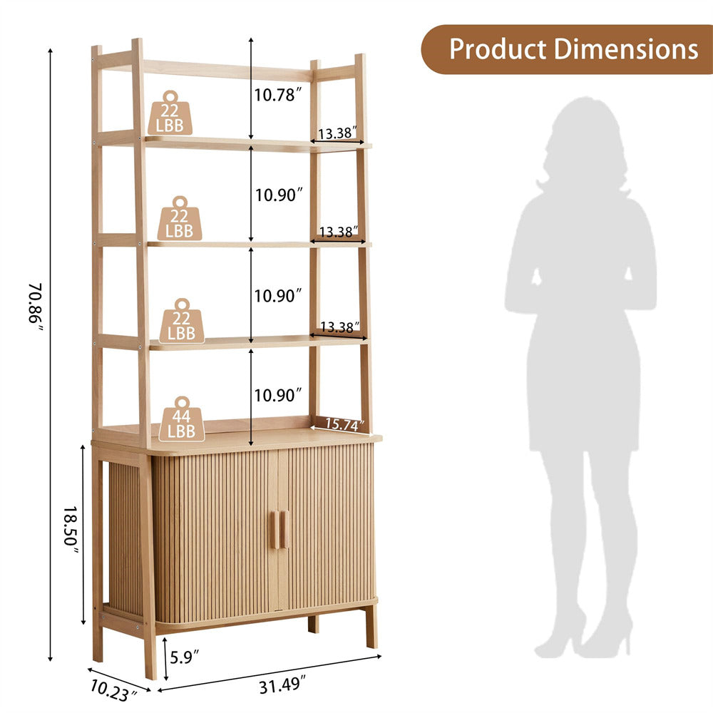 Wooden bookshelf with dimensions and a silhouette of a person for scale.