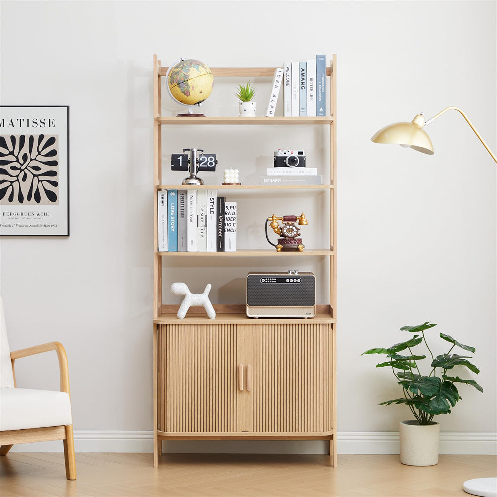 Natural 70” Freestanding 4-Tier Bookshelf with Open Shelf and Sliding Door