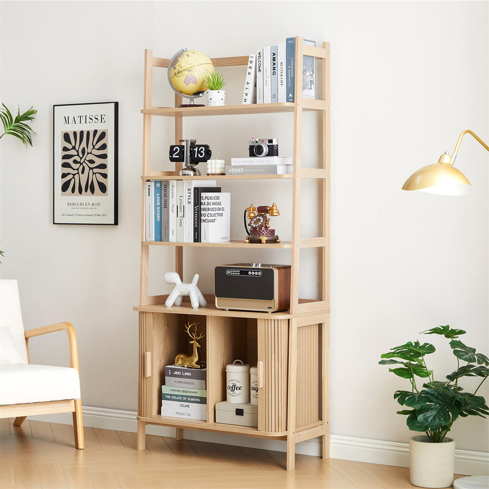 Wooden bookshelf with decorative items in a room with a chair and plant.