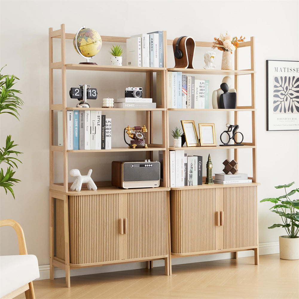 Wooden bookshelf with decorative items in a room with plants and a chair.