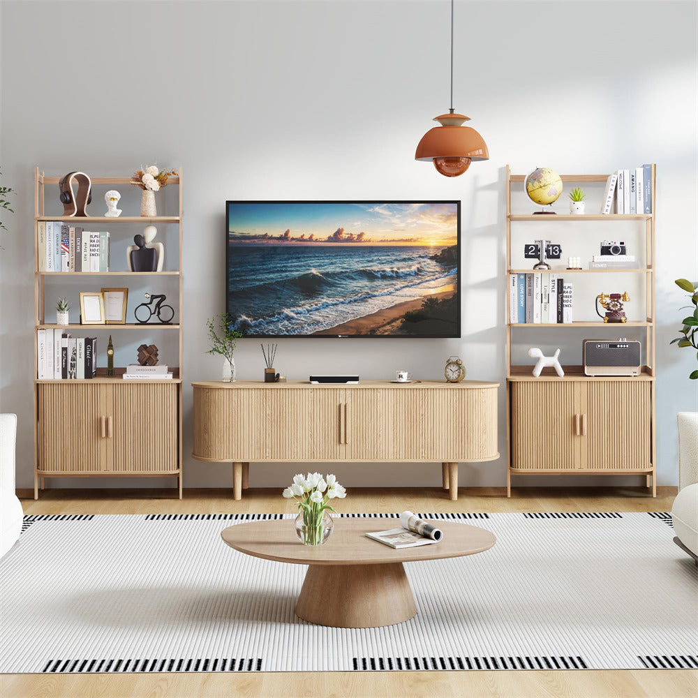 Modern living room with wooden furniture, TV, and decor