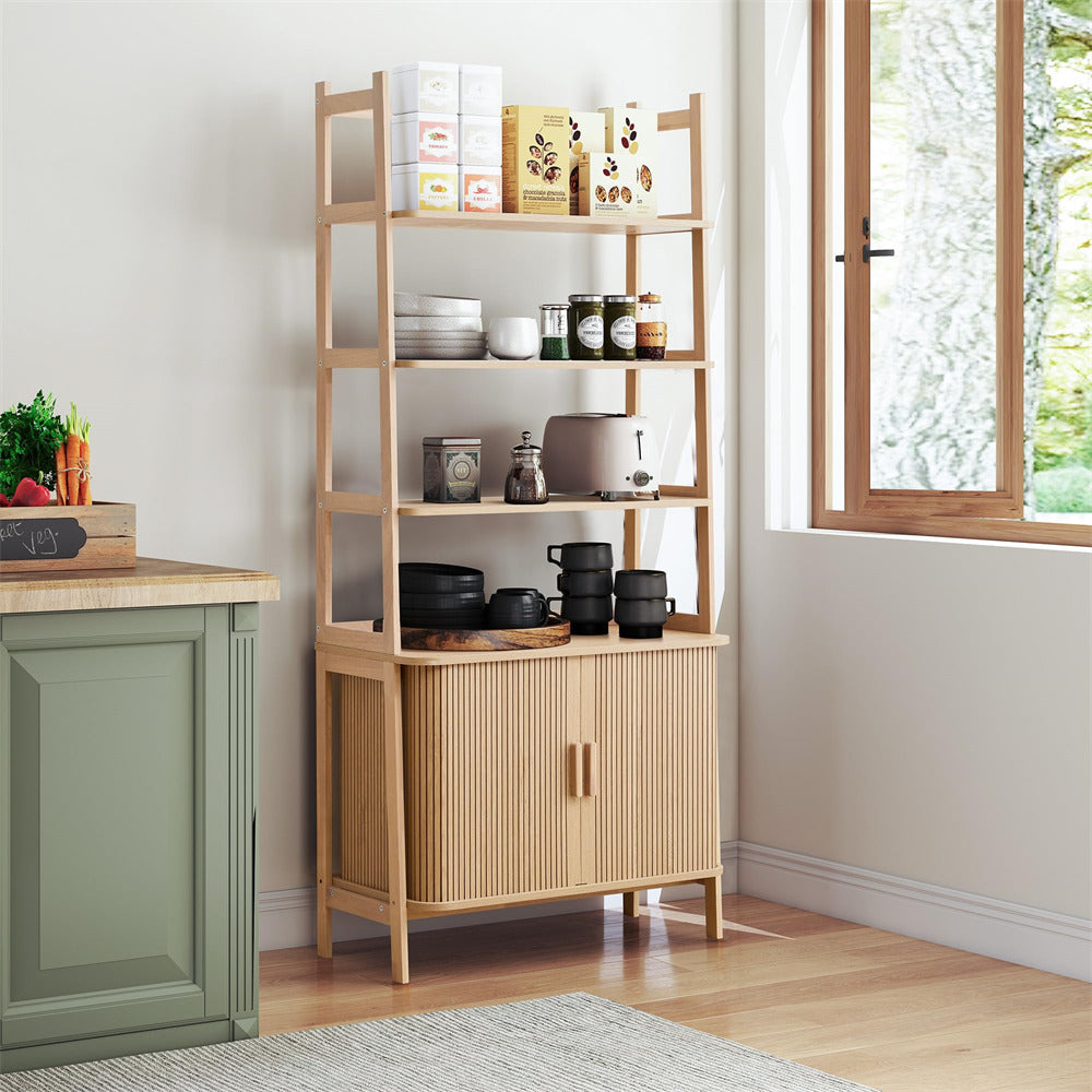 Wooden shelf with various items in a room with a window and green cabinet.
