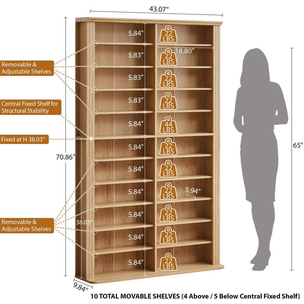 Wooden bookshelf with dimensions and weight capacity labels, shown with a silhouette of a person for scale.