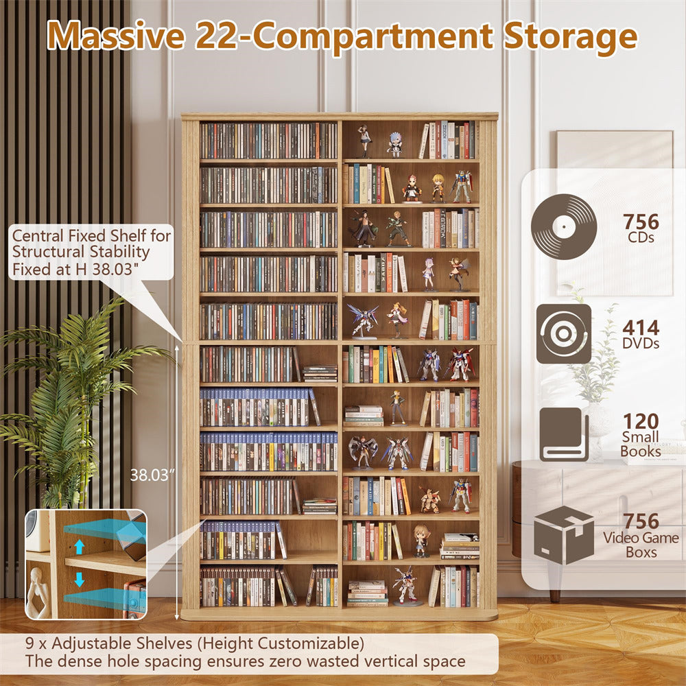 Wooden bookshelf with 22 compartments filled with books, CDs, DVDs, and video game boxes, with text highlighting storage capacity.