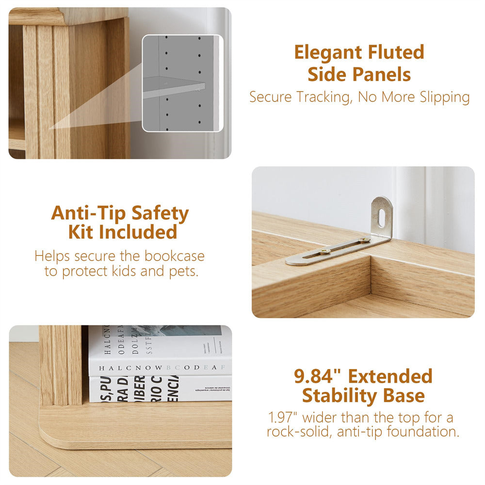 Wooden bookcase with fluted side panels, anti-tip safety kit, and extended stability base.