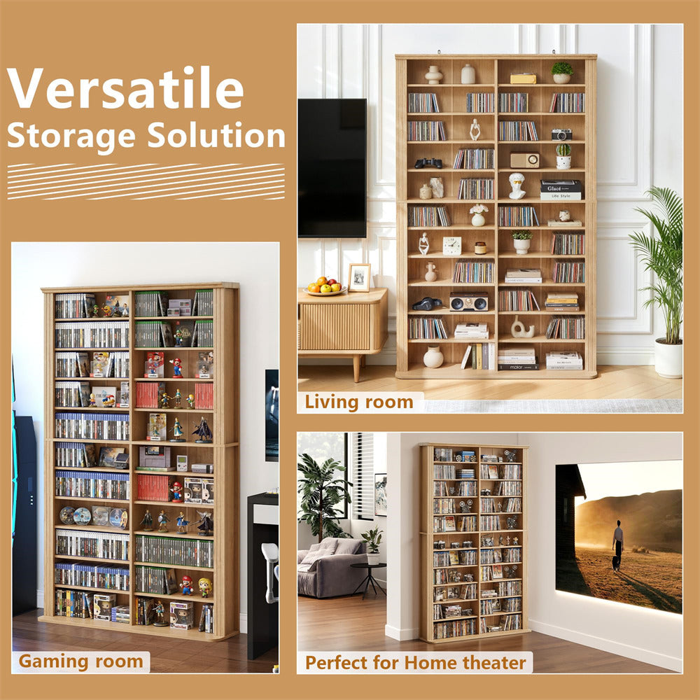 Wooden bookshelf with various items in a living room, gaming room, and home theater setting.