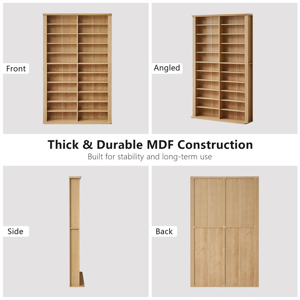 Wooden bookshelf shown from front, angled, side, and back views with text about thick and durable MDF construction.