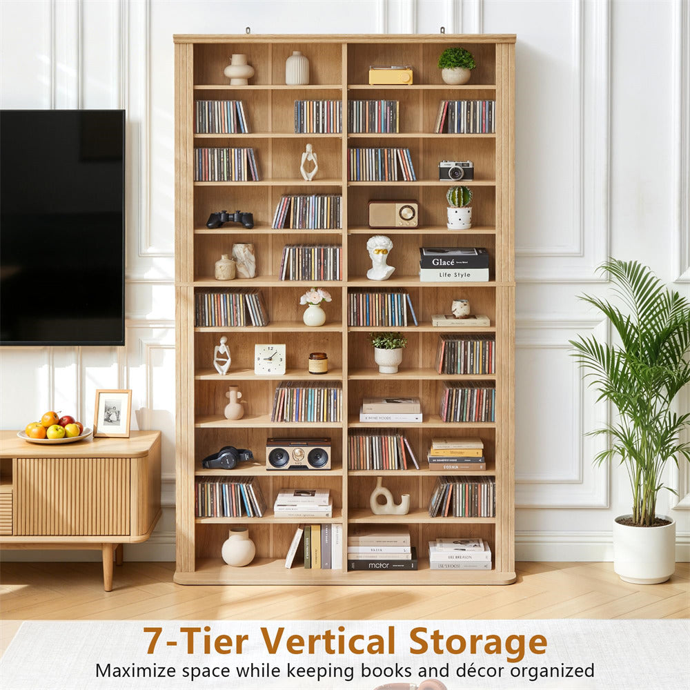 Wooden bookshelf with books and decor items in a room setting.