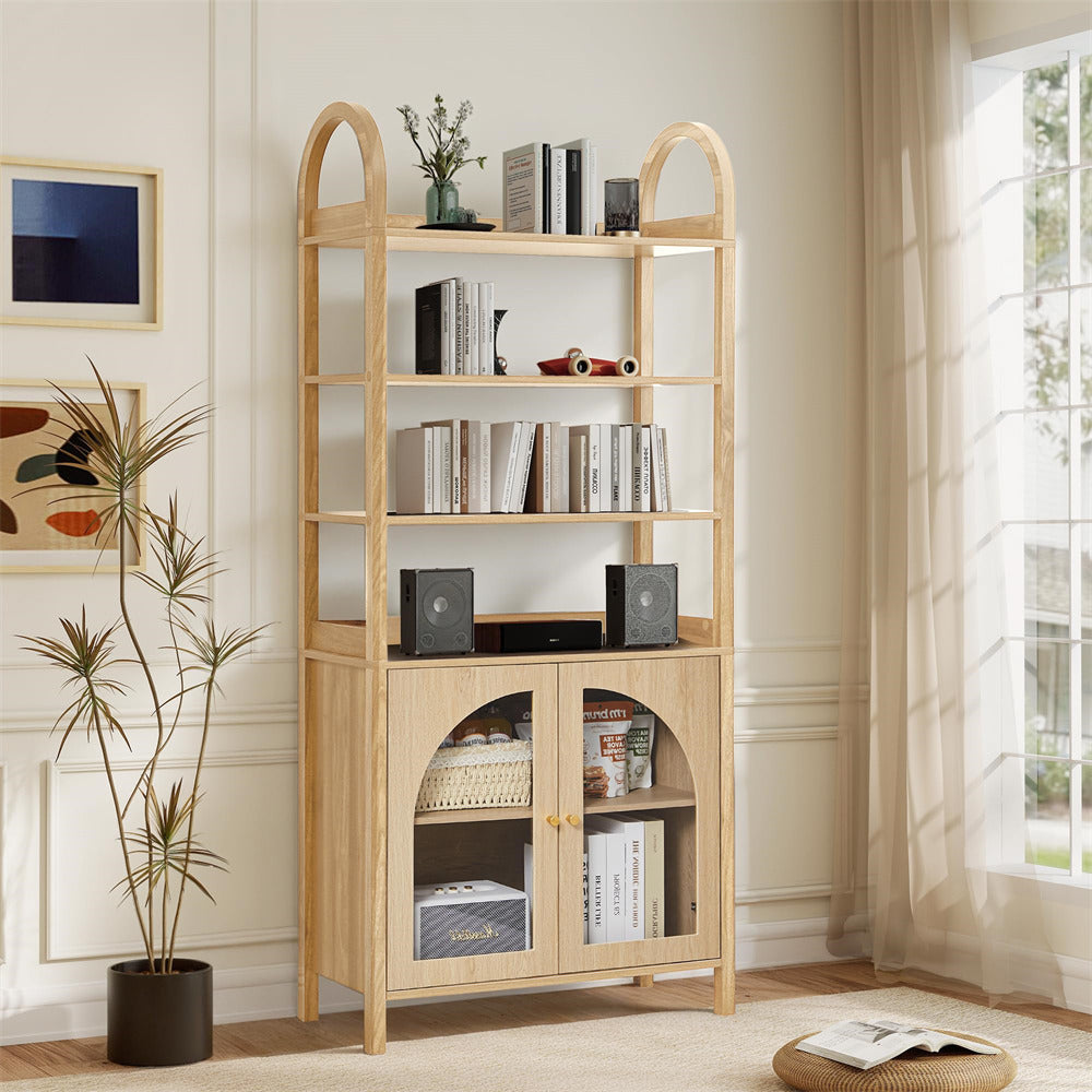 Wooden bookshelf with decorative items in a room with a window and plant.