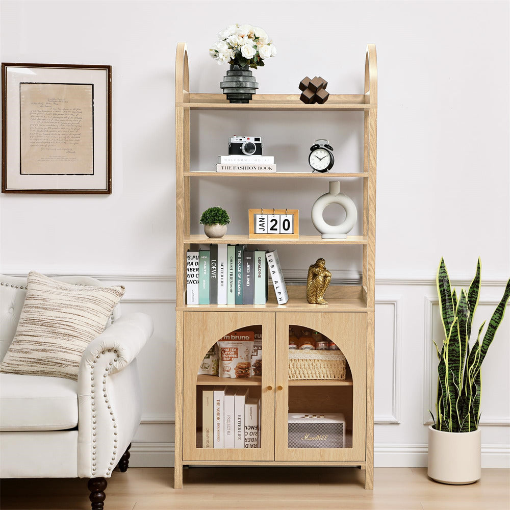 Wooden bookshelf with decorative items in a living room setting