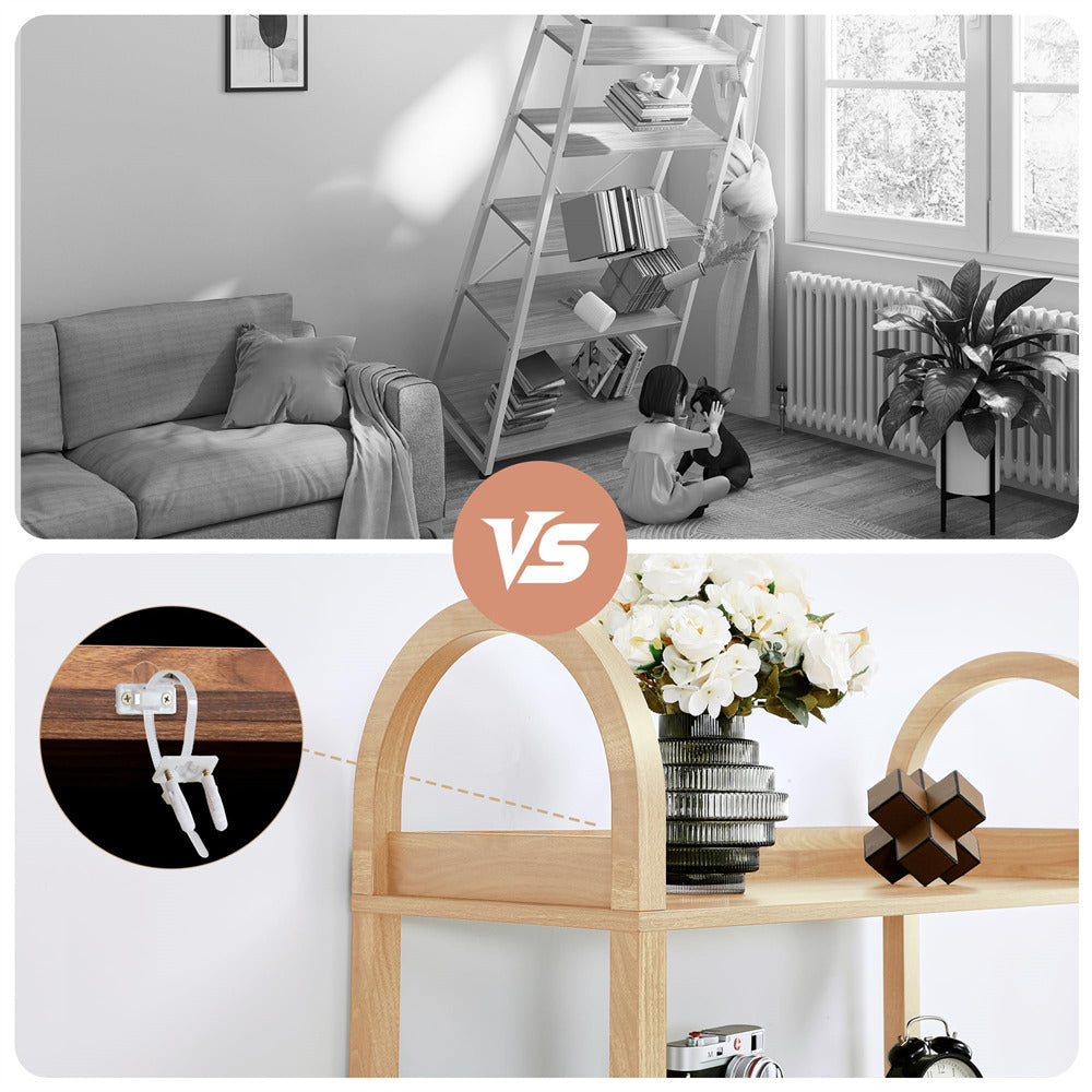 Living room with a sofa and bookshelf, followed by a close-up of a wooden shelf with decorative items.
