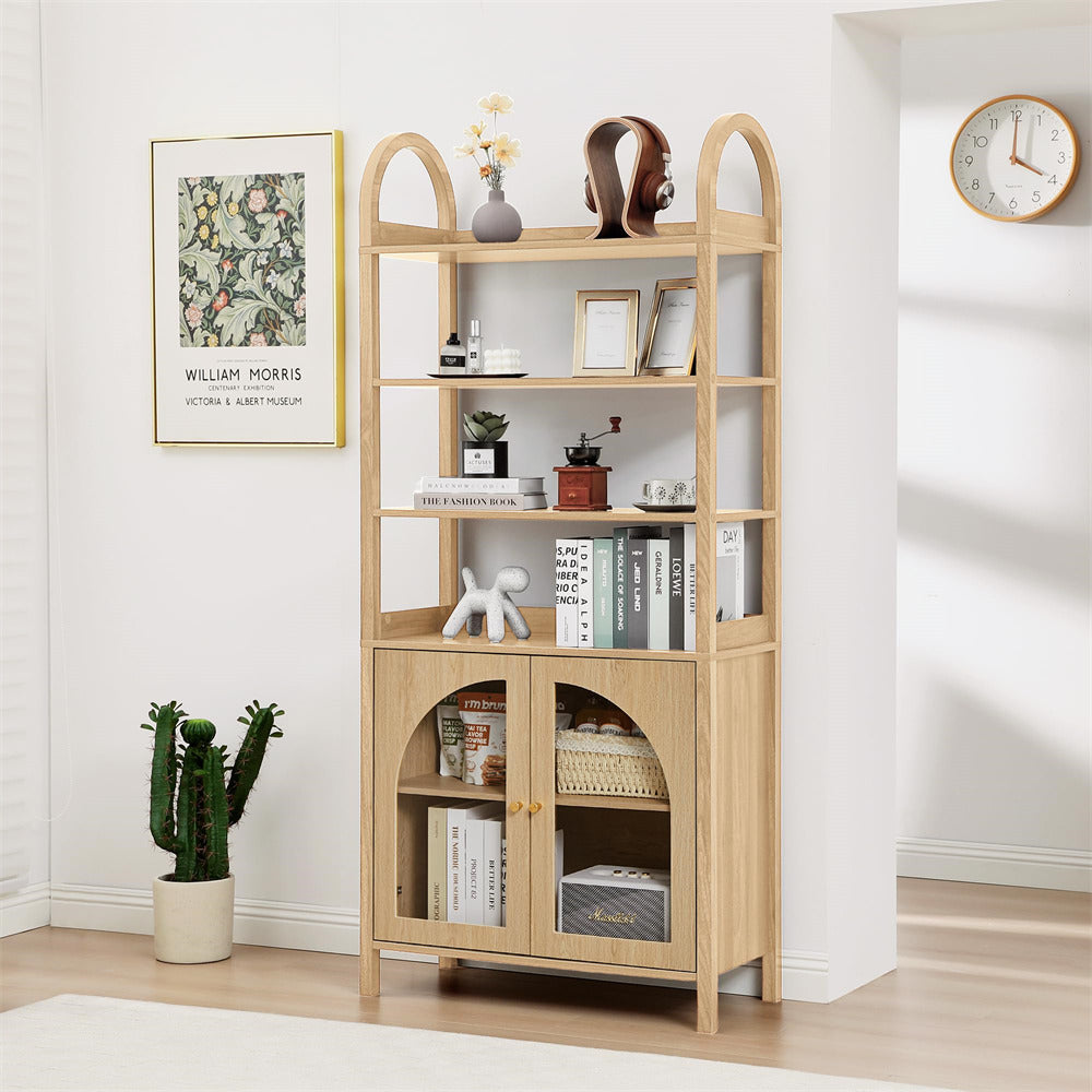 Wooden bookshelf with decorative items in a room setting