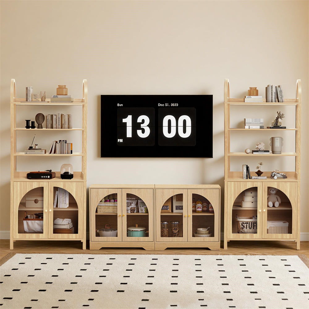 Wooden entertainment console with digital clock display in a living room setting
