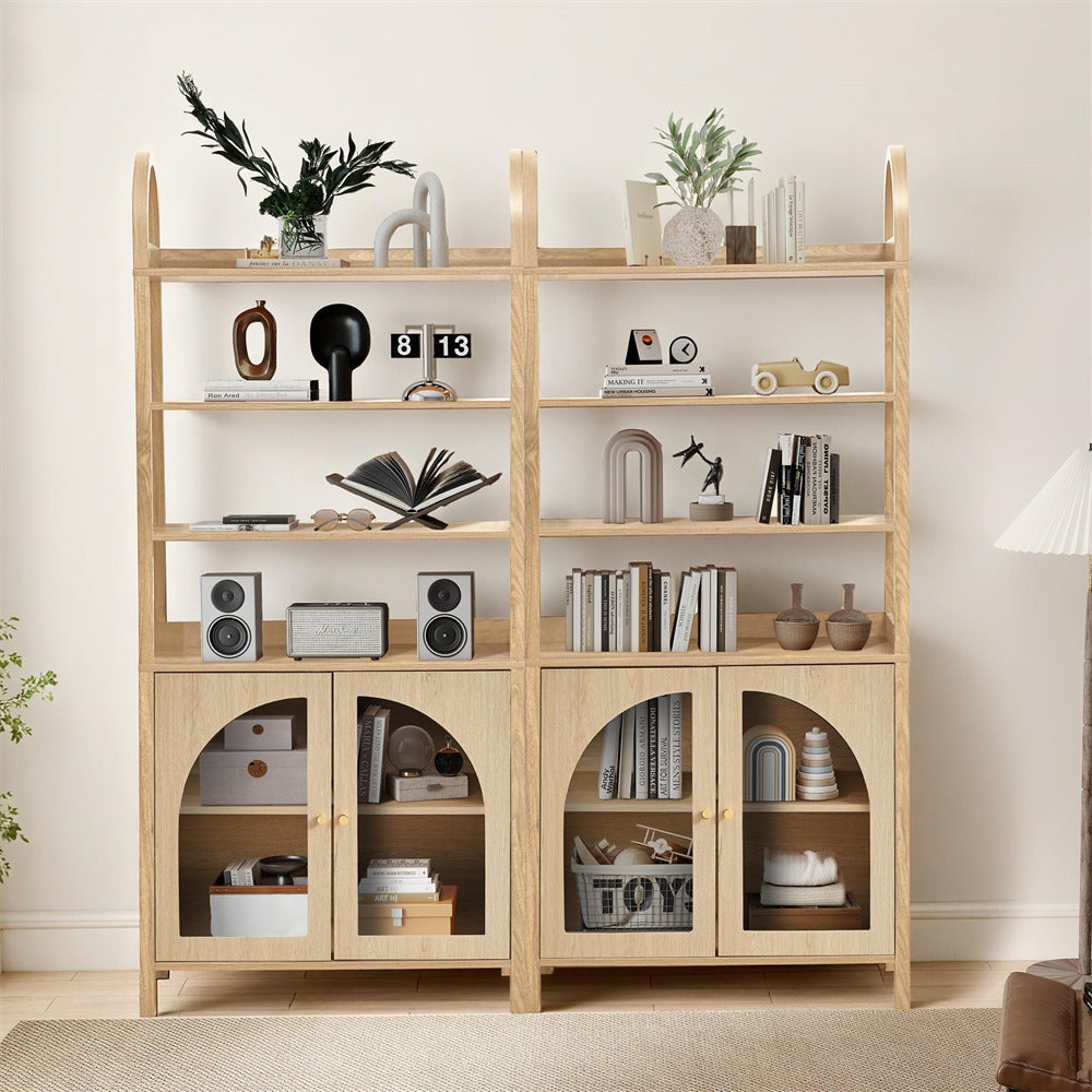 Wooden bookshelf with decorative items in a room setting