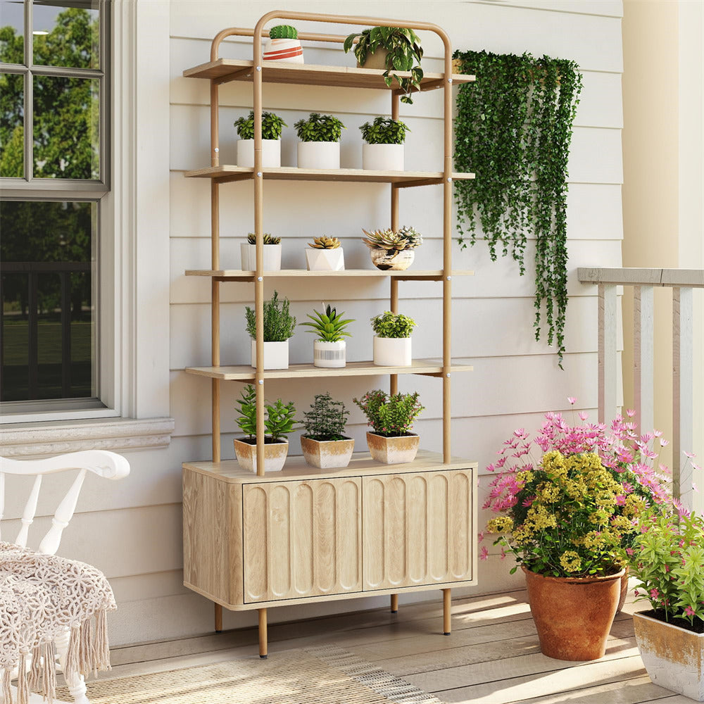 Natural 71" Modern Metal 6-Tier Bookshelf Freestanding Storage Organizer with Open Shelves & Adjustable Footpad