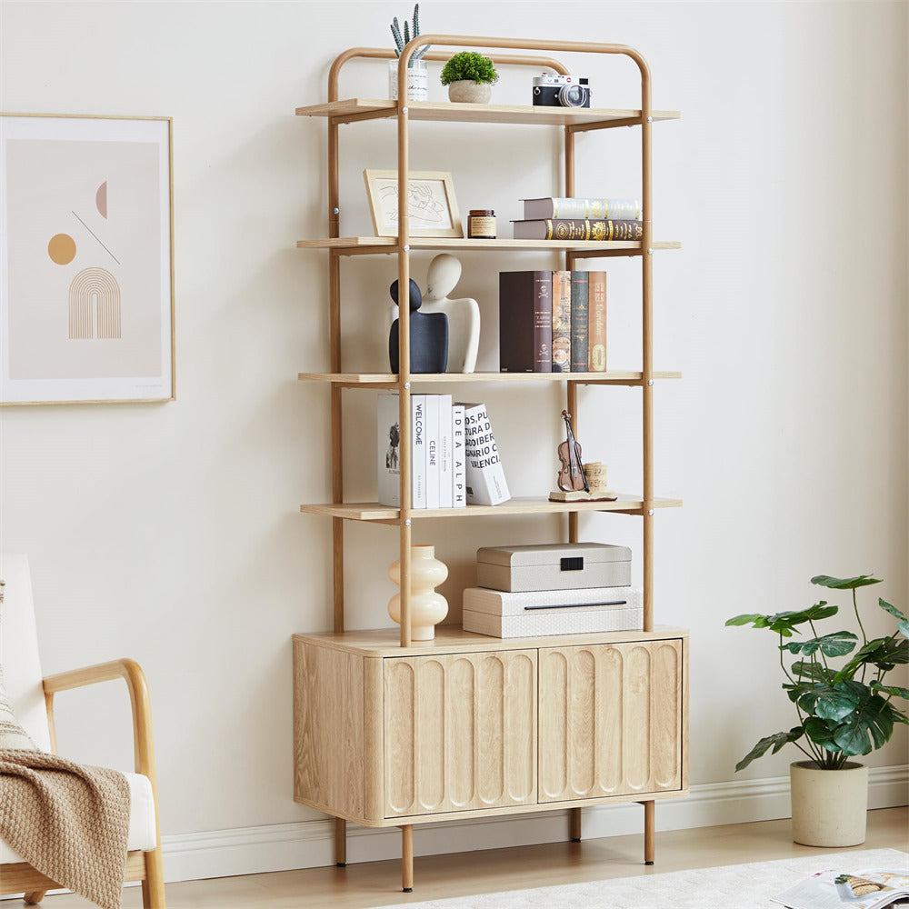 Natural 71" Modern Metal 6-Tier Bookshelf Freestanding Storage Organizer with Open Shelves & Adjustable Footpad