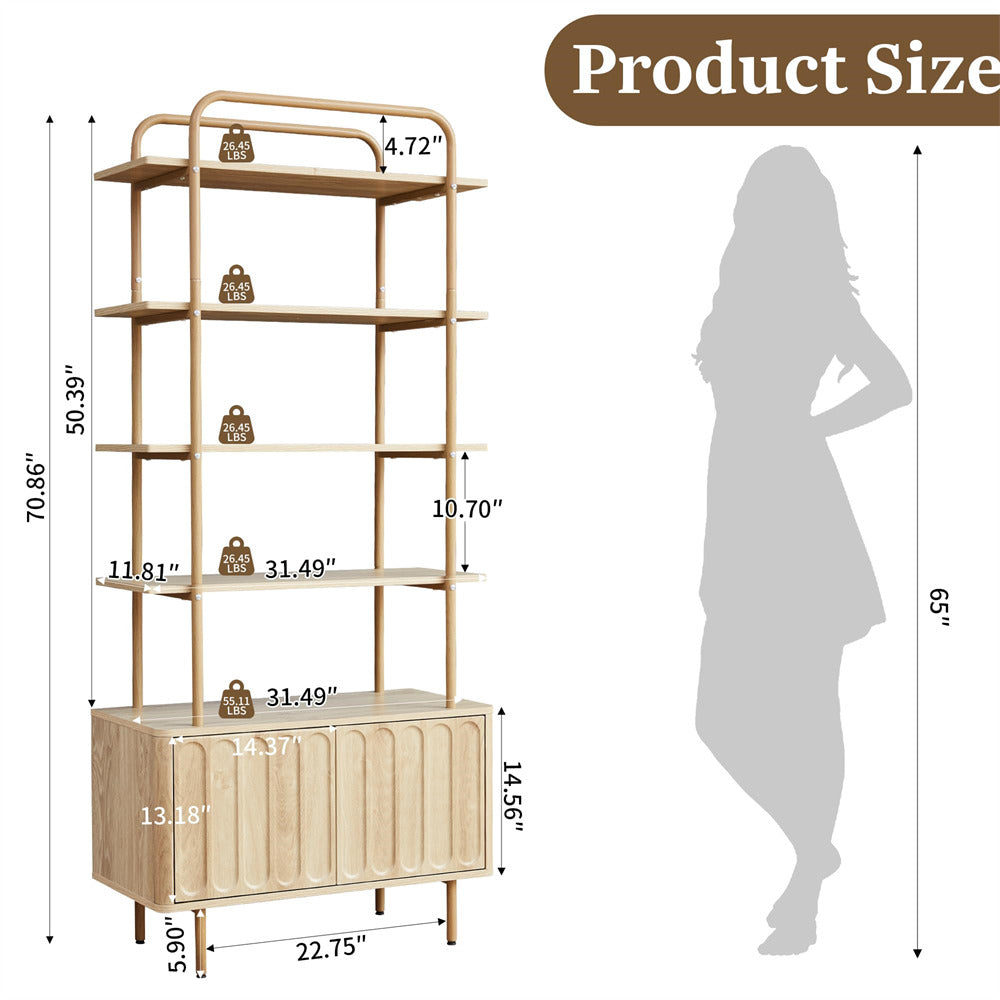 Natural 71" Modern Metal 6-Tier Bookshelf Freestanding Storage Organizer with Open Shelves & Adjustable Footpad
