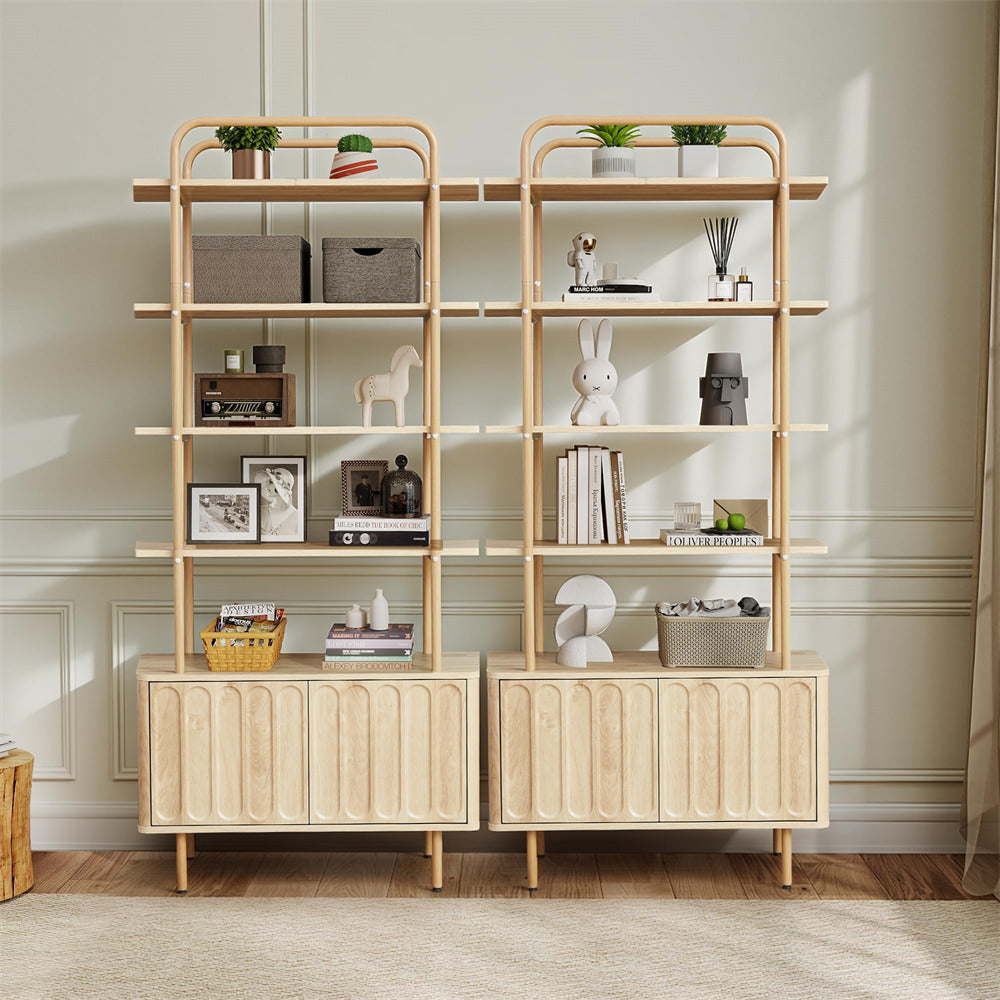 Natural 71" Modern Metal 6-Tier Bookshelf Freestanding Storage Organizer with Open Shelves & Adjustable Footpad