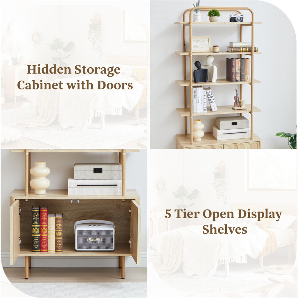 Natural 71" Modern Metal 6-Tier Bookshelf Freestanding Storage Organizer with Open Shelves & Adjustable Footpad