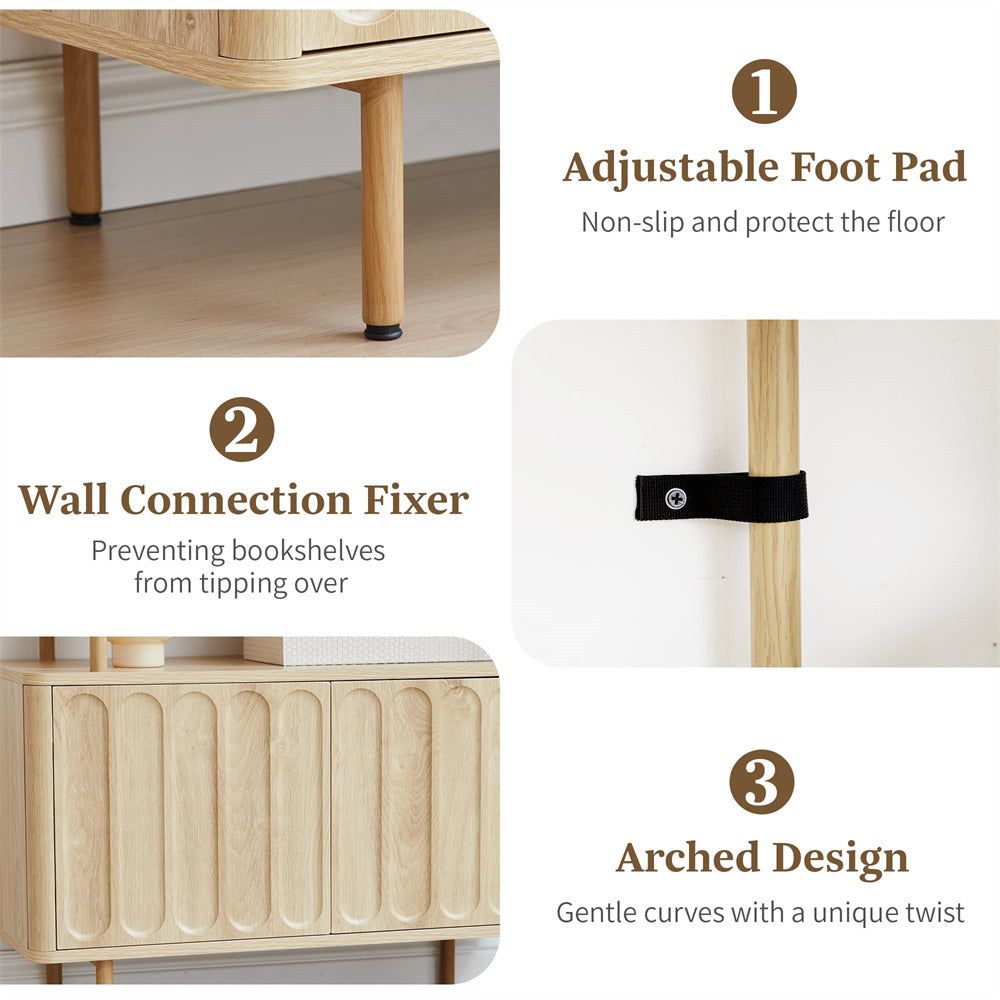 Natural 71" Modern Metal 6-Tier Bookshelf Freestanding Storage Organizer with Open Shelves & Adjustable Footpad